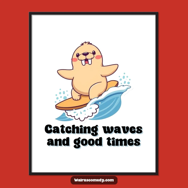 Free Printable Kawaii Walrus Surf Wall Art: Joyful Wave, Funny Downloadable Decor