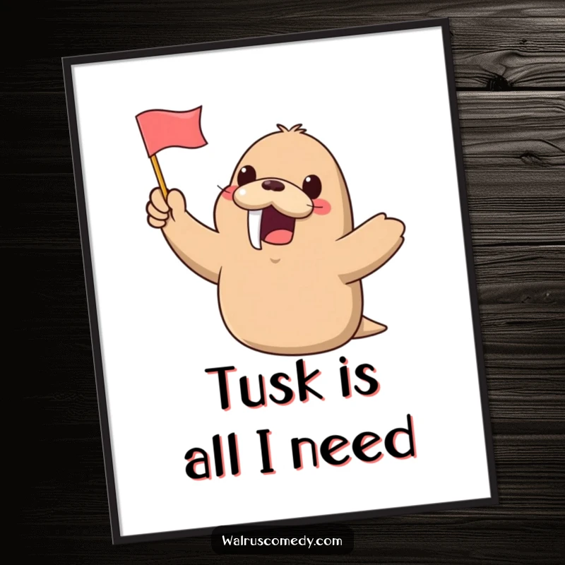Funny Free Printable Wall Art of a kawaii walrus enthusiastically waving a tiny flag, perfect for adding playful decor.