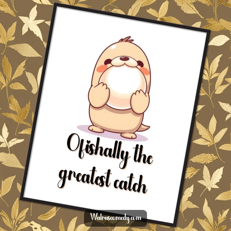 Funny Free Printable Kawaii Walrus Wall Art of an excited walrus presenting a giant, shiny pearl with innocent wonder.
