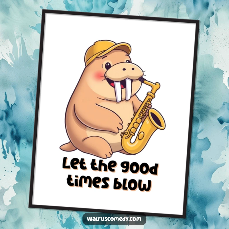 Funny Free Printable Wall Art of a smiling walrus in a jaunty cap, passionately playing a saxophone with a lively, musical energy.