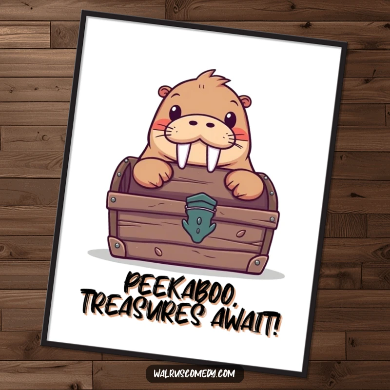 Funny free printable wall art: A curious walrus peeks from behind a treasure chest, guarding secrets and smiles. Whimsical downloadable art.