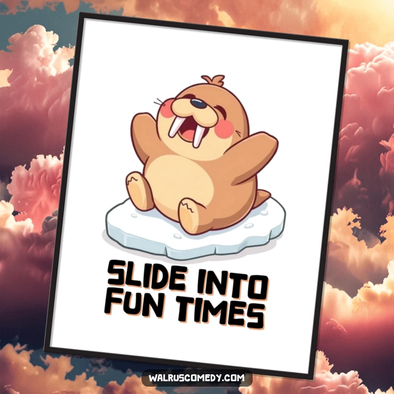 Funny Free Printable wall art of an excited walrus gleefully sliding down an icy slope, full of pure joy and humor.