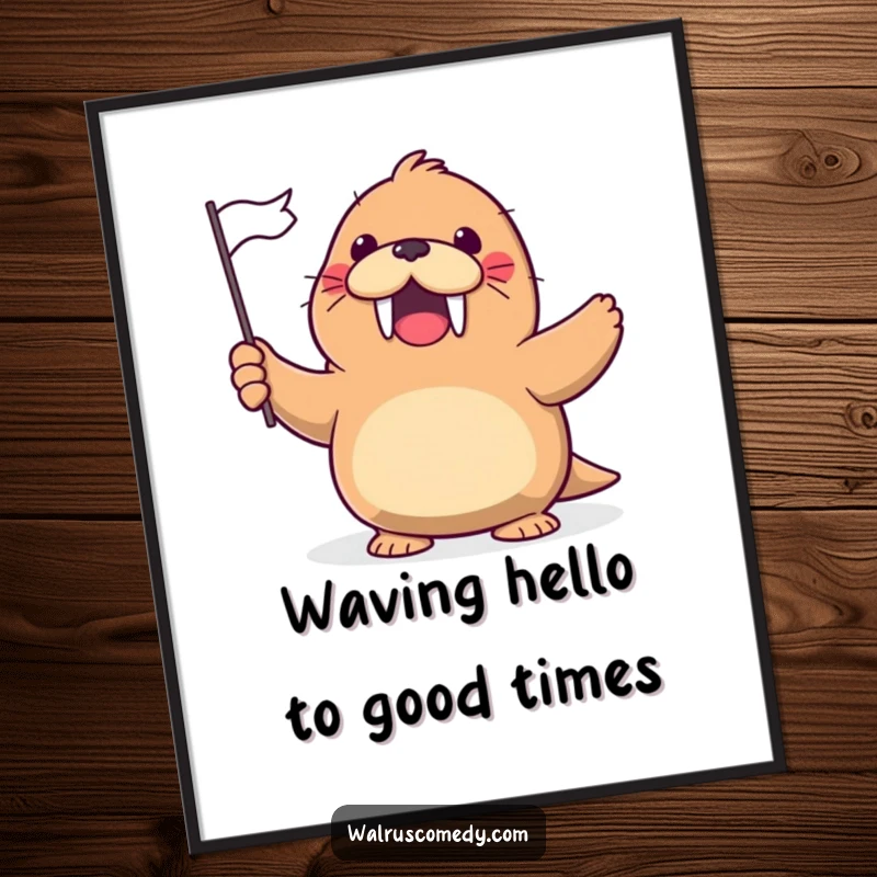 Funny Free Printable Wall Art: A kawaii walrus gleefully waving a tiny flag with a big, excited, and cheerful expression.