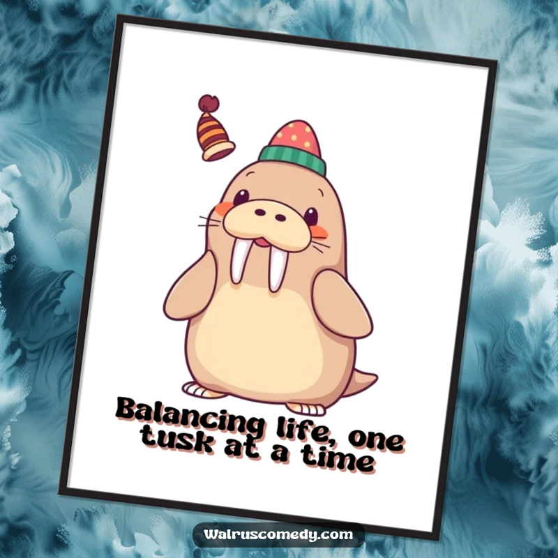 Funny Free Printable Wall Art: A kawaii walrus with a cheerful expression balances a small, whimsical hat on its tusk.