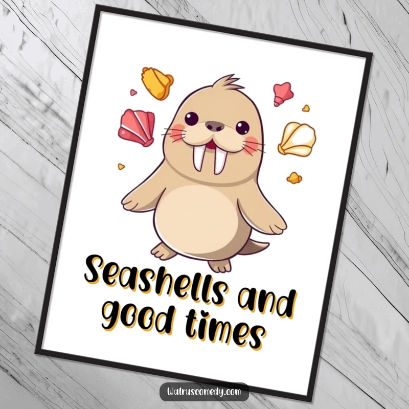 Funny Free Printable Wall Art: A happy walrus impressively juggling colorful seashells with great skill.