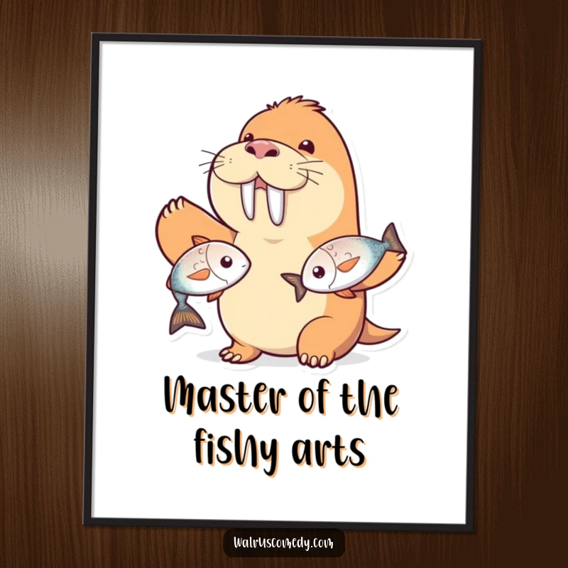 Funny Free Printable Wall Art: A grinning walrus character skillfully juggling two shiny fish, whimsical decor.
