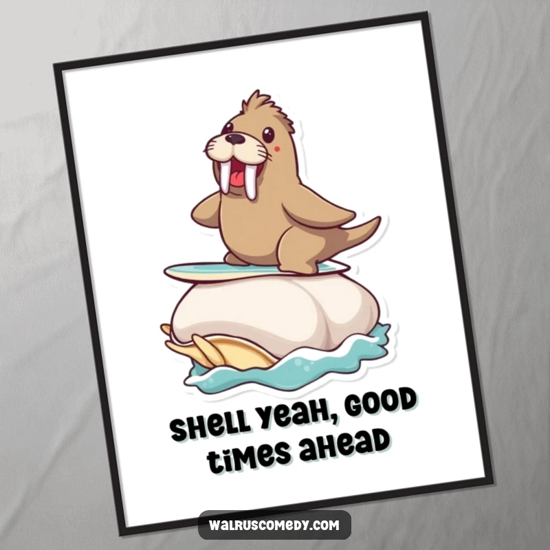 Funny Free Printable Wall Art: A walrus shreds waves on a giant clam. Energetic, downloadable ocean-themed art.