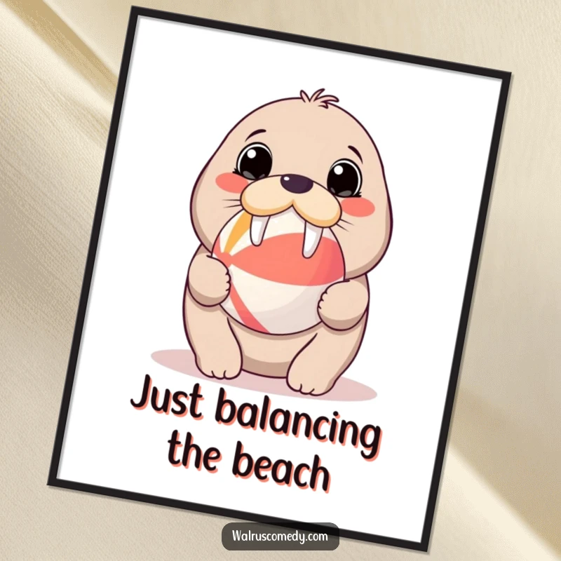 Funny Free Printable Kawaii Walrus Wall Art: Cute walrus with big eyes balances a beach ball on its nose with charm.