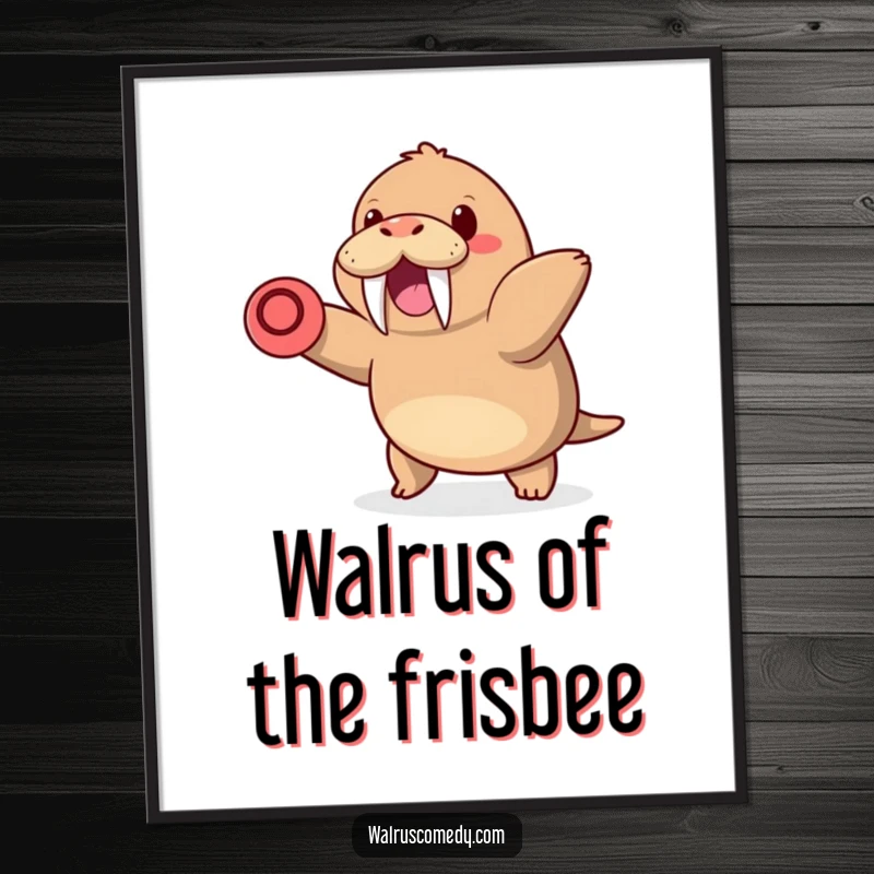 Funny Free Printable Kawaii Walrus Wall Art: Kawaii walrus with tusks happily throws a frisbee with a big, cheerful grin.