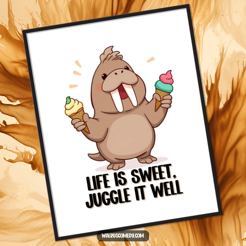 Funny Free Printable Wall Art of a walrus enthusiastically juggling several ice cream cones, perfect for a cheerful room.