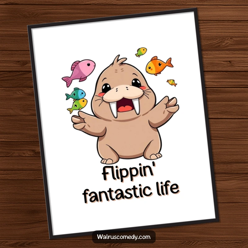 Funny Free Printable Wall Art: A happy walrus with a huge grin juggles several colorful fish in the air with great skill.
