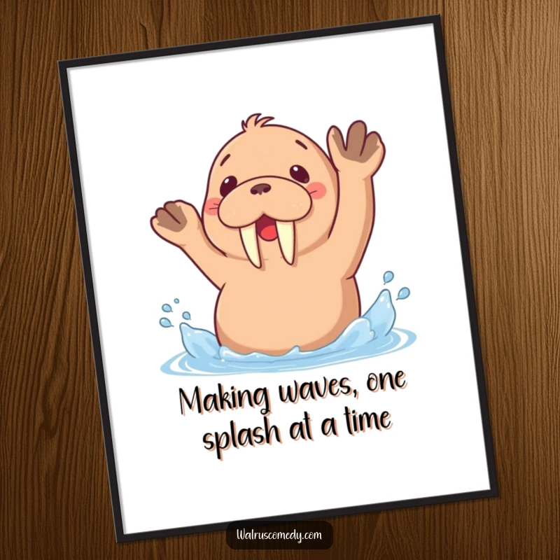 Funny Free Printable Wall Art: A cute kawaii walrus playing in the water, splashing happily with its flippers.