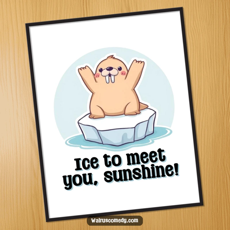 Funny Free Printable Wall Art: A kawaii walrus blissfully sunbathing on a tiny iceberg, arms stretched wide in pure relaxation.