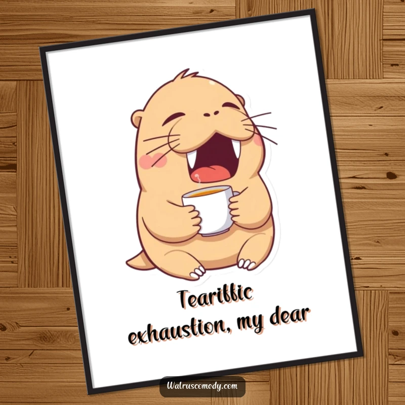Funny Free Printable Wall Art: Tired walrus yawning widely while holding a tiny teacup.