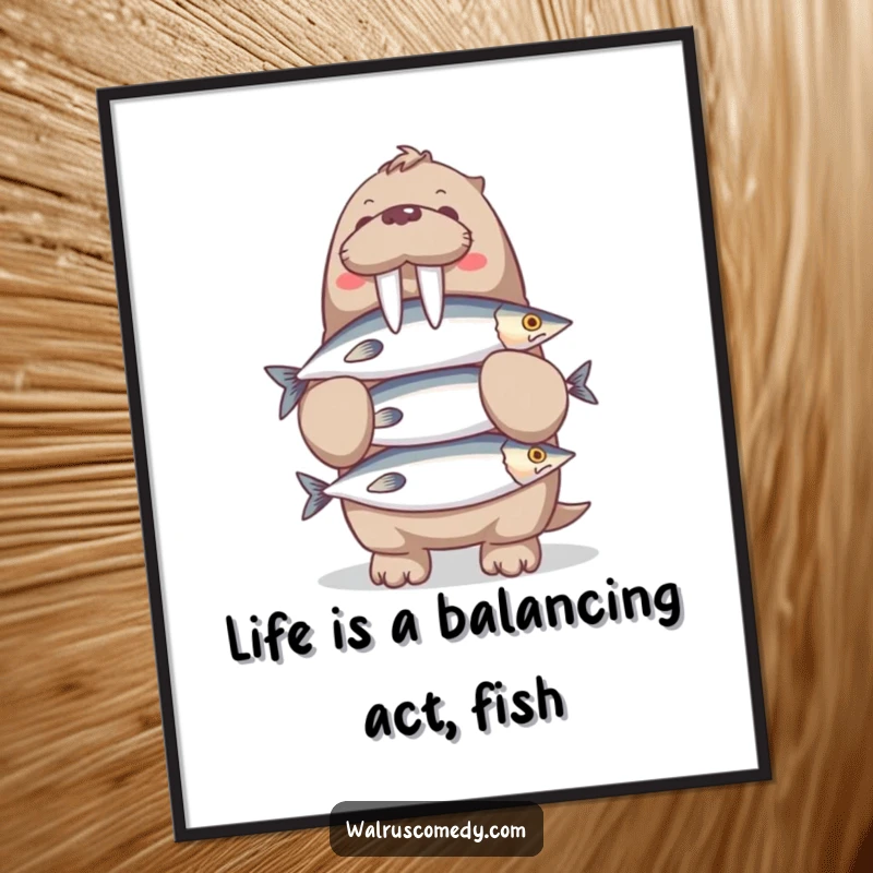 Funny Free Printable Wall Art of a walrus character happily balancing an impressively tall stack of fish, perfect for quirky decor.