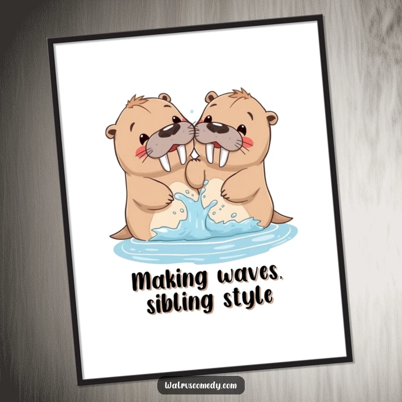 Funny Free Printable Wall Art: Two walrus siblings playfully splashing each other with water.