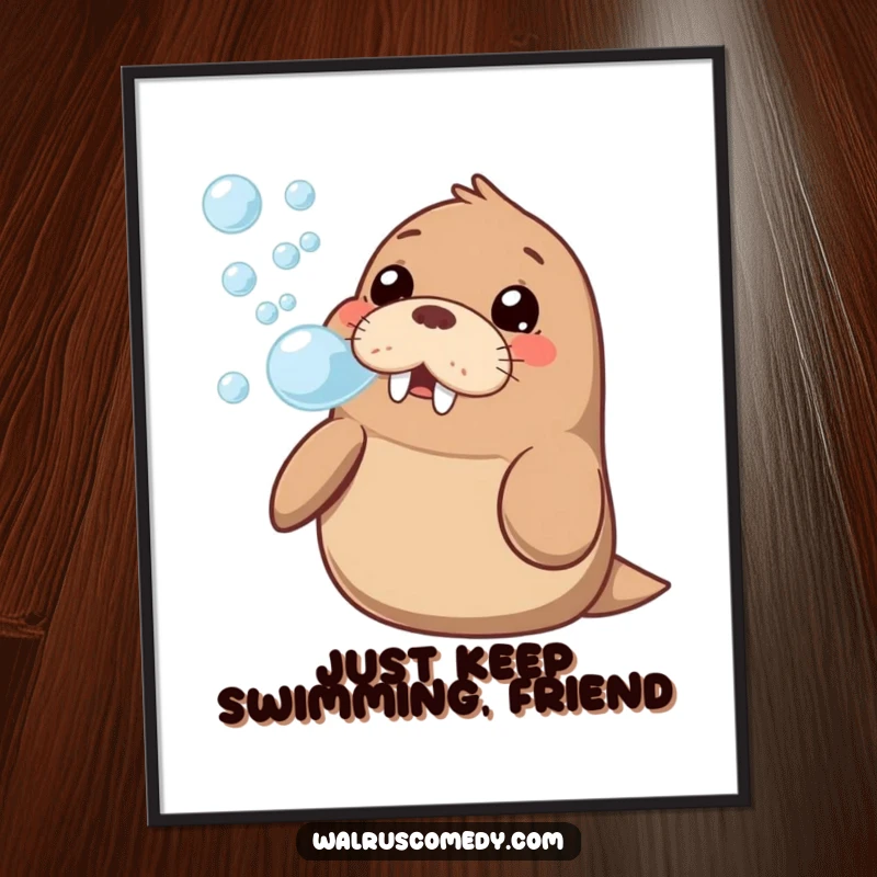 Funny Free Printable Wall Art: A cheerful kawaii walrus adorably blowing a stream of iridescent bubbles, creating a happy scene.