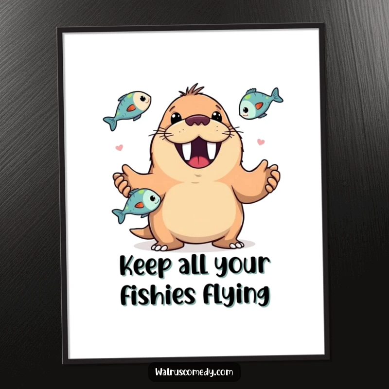 Funny Free Printable Wall Art of a happy walrus skillfully juggling a pile of fish, its wide, toothy grin radiating pure joy.