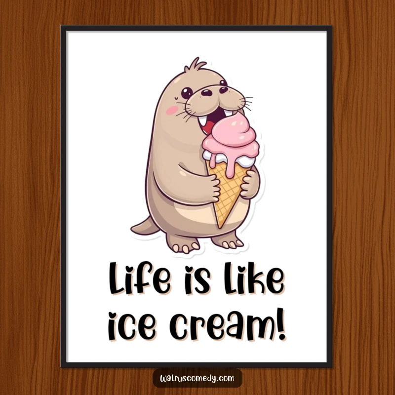 Funny Free Printable Wall Art: A cheerful walrus joyfully holding a large, happily dripping ice cream cone.