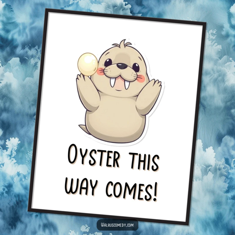 Funny free printable wall art: A smiling walrus proudly displays a shimmering pearl, bringing elegance and humor. Delightful downloadable art.