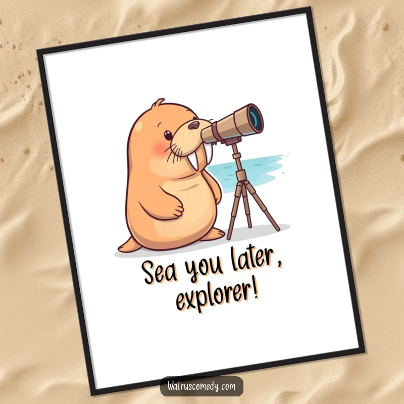 Funny Free Printable Wall Art: Curious walrus peering through a telescope at the vast sea.