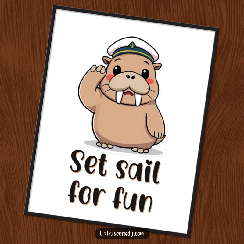 Funny Free Printable Wall Art: A playful walrus wearing a tiny sailor hat salutes cheerfully, embodying maritime fun.