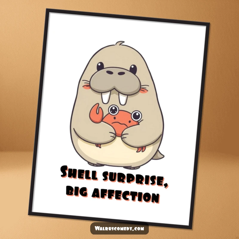Funny Free Printable Wall Art: A large walrus looks surprised as a tiny crab gives it a big hug. Cute downloadable art.
