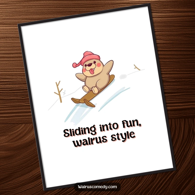 Funny Free Printable Wall Art: A walrus character joyfully sliding down a snowy hill, capturing the essence of winter fun.