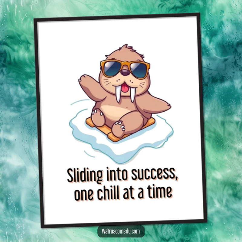 Funny Free Printable Wall Art: A kawaii walrus in sunglasses makes a daring, joyful slide down a frosty icy slope.