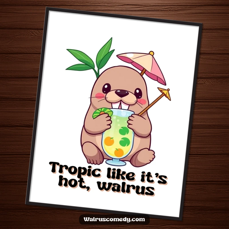 Funny Free Printable Wall Art: A walrus character holding a tiny umbrella in a tropical drink, radiating vacation vibes.