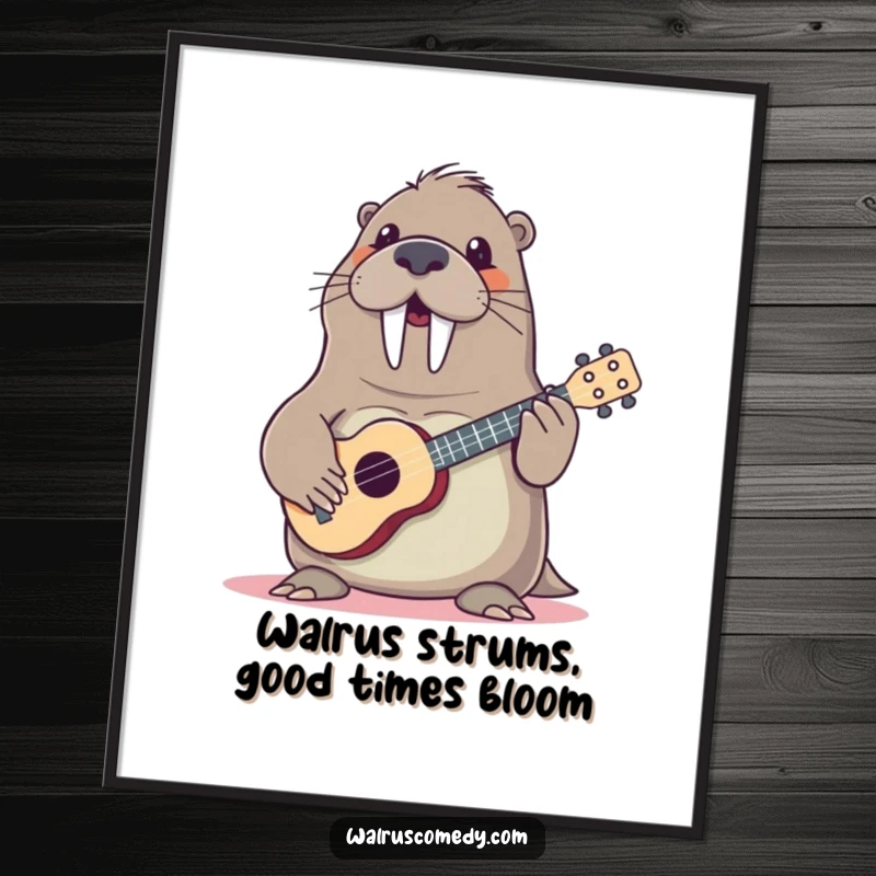 Funny Free Printable Wall Art: Walrus character playing a ukulele with a cheerful grin, bringing music and joy to any room.