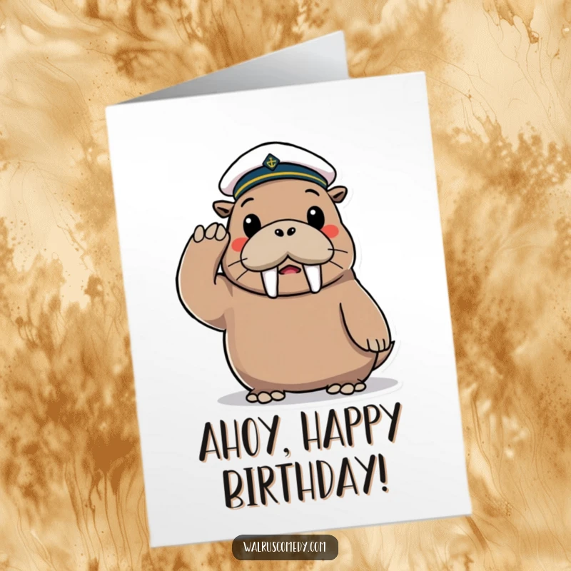 Funny Free Printable Birthday Card: A playful walrus in a tiny sailor hat salutes cheerfully, ready to celebrate.