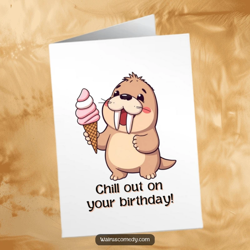 Funny Free Printable Birthday Card: Walrus joyfully offering a giant ice cream cone, wish for a sweet day.