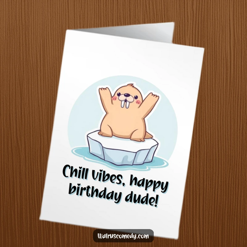 Funny Free Printable Birthday Card showing a kawaii walrus sunbathing happily on a small iceberg, arms joyfully raised to the sky.