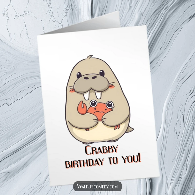 Funny Free Printable Birthday Card: Walrus looks startled by a tiny crab's big, loving hug. Sweet downloadable surprise.