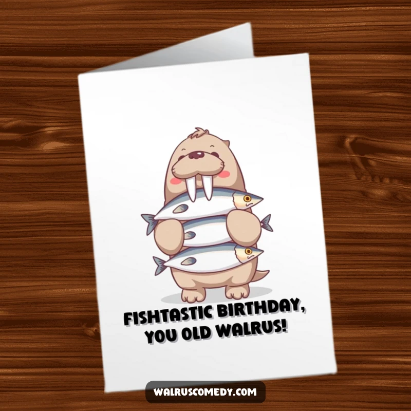 Funny Free Printable Birthday Card featuring a walrus character skillfully balancing a tall stack of fish, looking delighted.