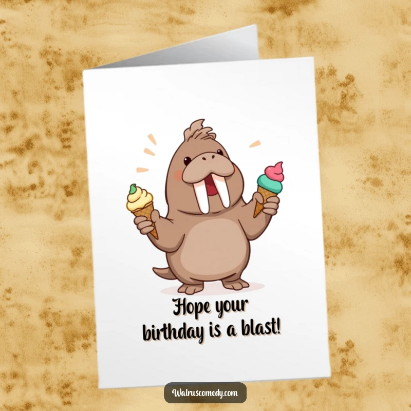 Funny Free Printable Birthday Card: A walrus enthusiastically juggling multiple ice cream cones, celebrating a sweet occasion.