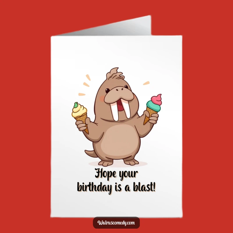 Free Printable Bday Card: Juggling Walrus Ice Cream - Hilarious Downloadable Fun