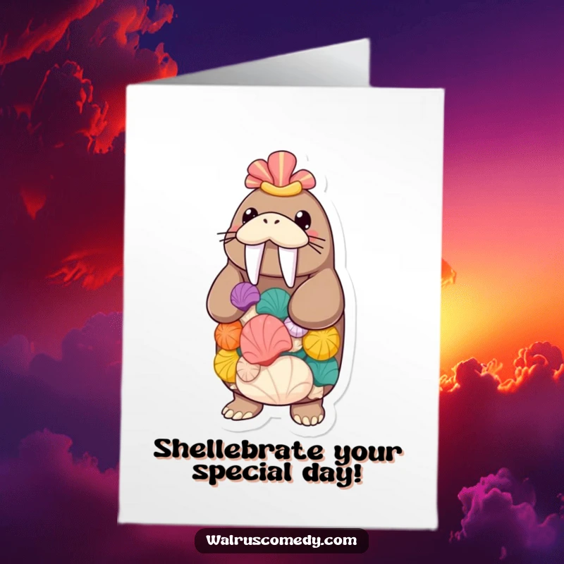 Funny Free Printable Birthday Card: Walrus precariously balancing a tall stack of colorful seashells. A celebratory, wobbly wish.