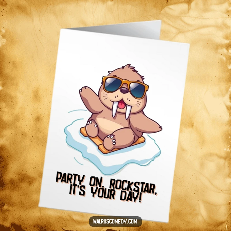 Funny Free Printable Birthday Card: A kawaii walrus in sunglasses gleefully slides down a snowy ice slope with pure excitement.