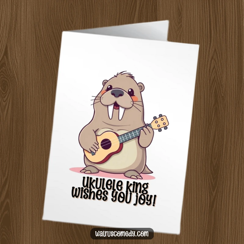 Funny Free Printable Birthday Card: Walrus strumming ukulele with a big smile, ready to party. A cheerful musical greeting.