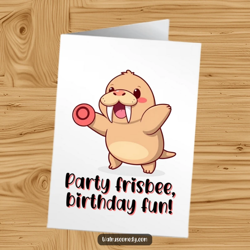 Fun Free Printable Birthday Card: Kawaii walrus with tusks happily throws a frisbee with a big grin, celebrating.