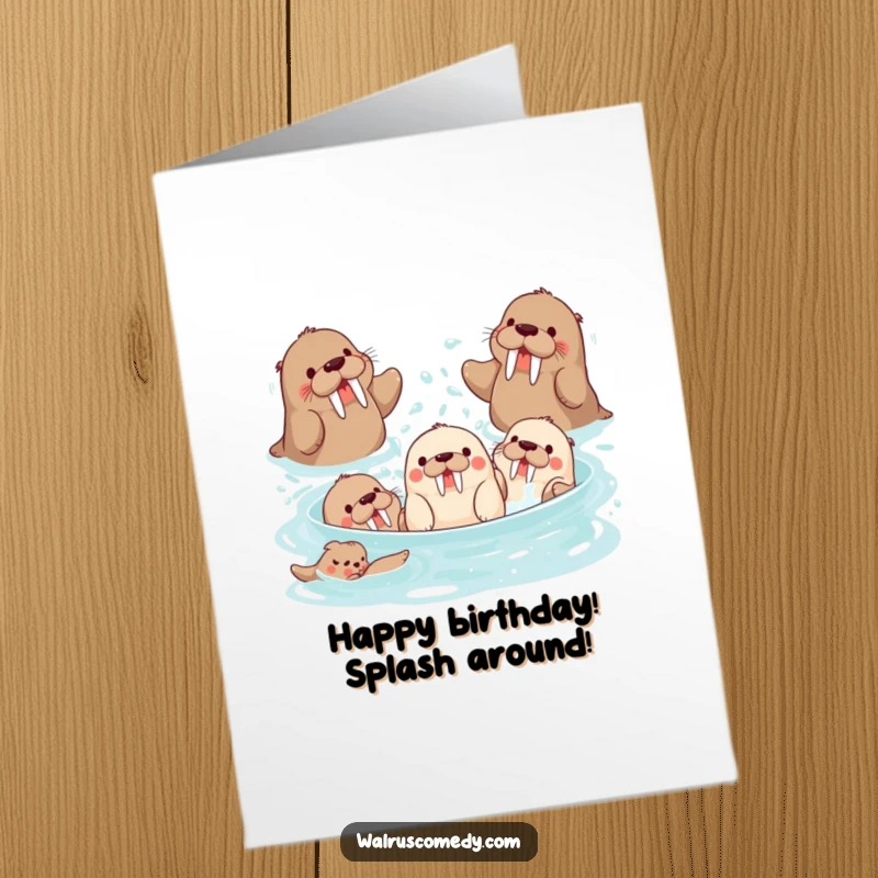 Funny Free Printable Birthday Card: Playful walrus characters splashing water together, perfect for birthday fun.