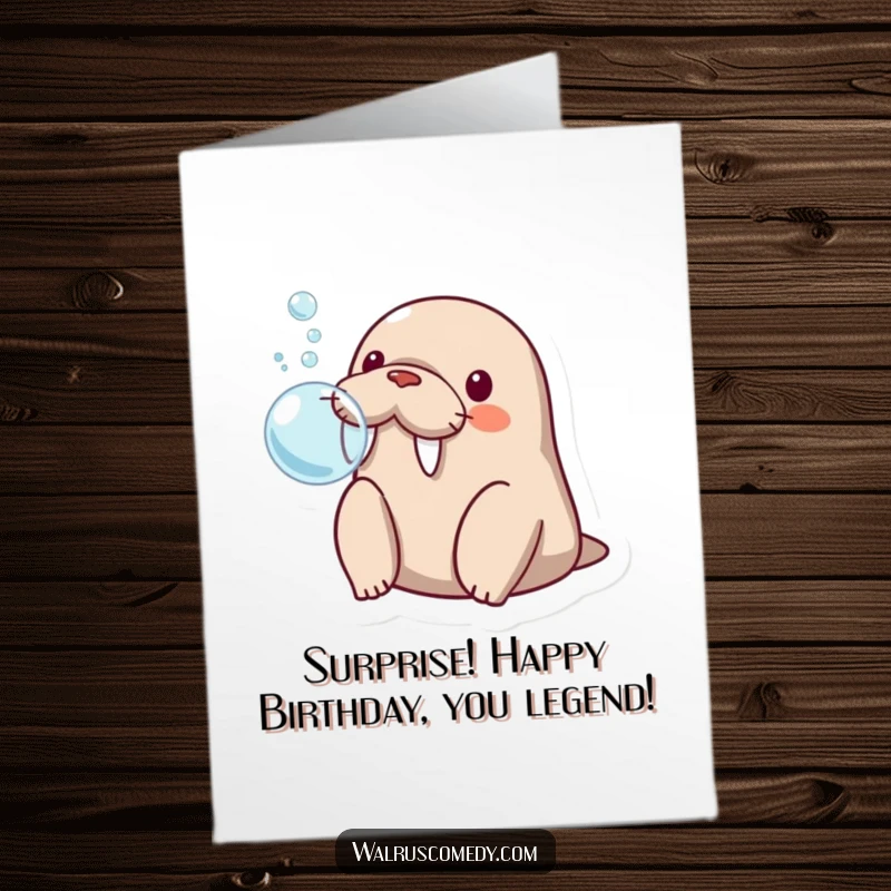 Funny Free Printable Birthday Card: A kawaii walrus looks hilariously surprised as a large bubble emerges from its flipper-blown creation.