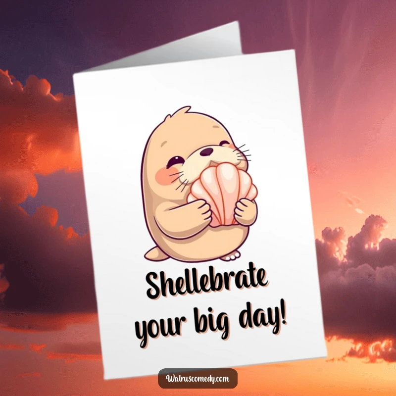 Funny Free Printable Birthday Card: A winking walrus holds a beautiful, shiny seashell, offering birthday wishes with flair.