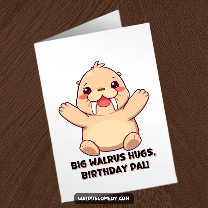 Funny Free Printable Birthday Card: Joyful walrus giving a huge, flipper-out hug.