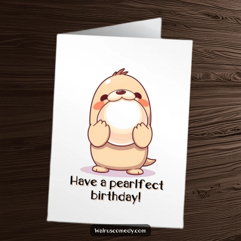 Funny Free Printable Kawaii Walrus Birthday Card showing an excited walrus presenting a giant, shiny pearl with wonder.