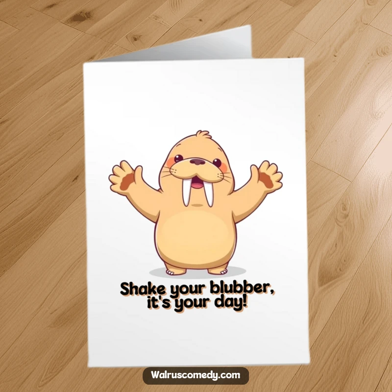 Funny Free Printable Birthday Card featuring a kawaii walrus doing a comical dance with flippers up and a big smile.