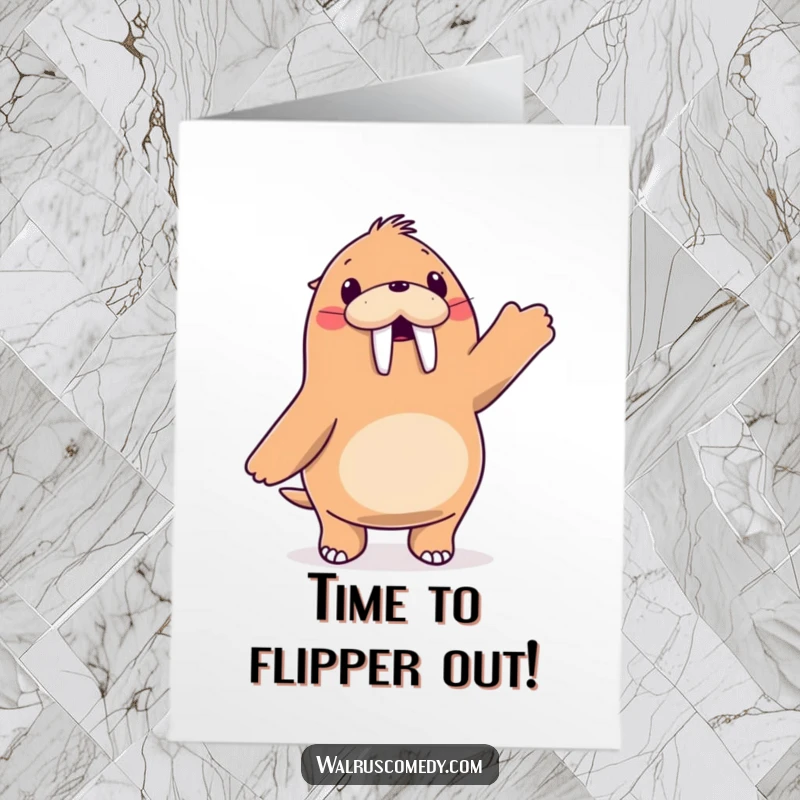 Funny Free Printable Birthday Card: walrus character dancing joyfully with flippers in the air, a humorous DIY gift.