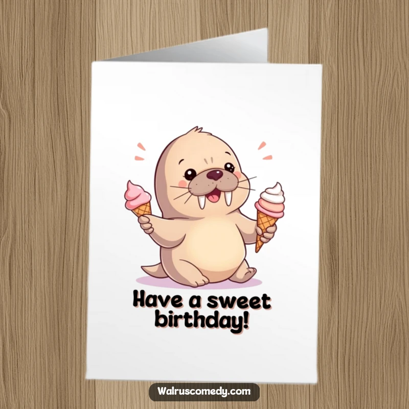 Funny Free Printable Birthday Card: A cute baby walrus playfully juggles three colorful ice cream cones, looking delighted.